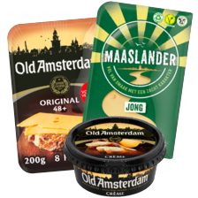 Maaslander kaasplakken 50+
jong of jong belegen
pakje à 145/150 gram
of Old Amsterdam crème, borrelblokjes,
geraspt, 35+ of 48+ 